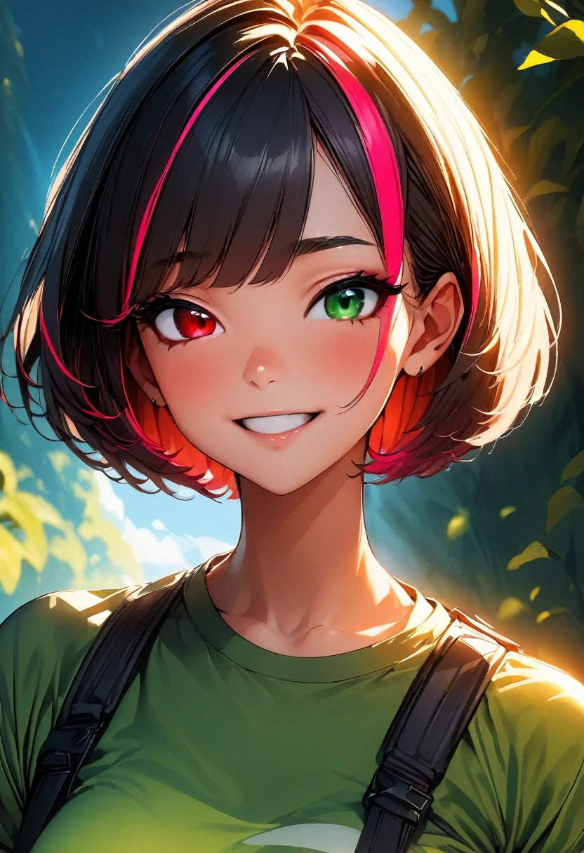 (highest quality:1.2, Very detailed, up to date, Vibrant, Ultra-high resolution, High Contrast, masterpiece:1.2, highest quality, Best aesthetics), Portraiture、girl、solo, (25-years-old:1.5), slim:0.7, heterrochromia, green eye, red eye, happy, (hiking in the summer green mountains:1), (summer trekking wear, trekking hat and hiking shoes:1.6), Bright colors、Beautiful fine details、Beautiful lip detail、extra short hair, ((bob cut:1.5))、pink and purple, ((streaked hair:1.9)), (highlights hair: 1.6), (medium breast:0.7), (tan skin:0.5), walking, (cowboy shot:1.5)
