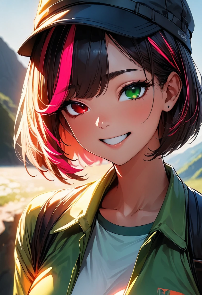 (highest quality:1.2, Very detailed, up to date, Vibrant, Ultra-high resolution, High Contrast, masterpiece:1.2, highest quality, Best aesthetics), Portraiture、girl、solo, (25-years-old:1.5), slim:0.7, heterrochromia, green eye, red eye, happy, (hiking in the summer green mountains:1), (summer trekking wear, trekking hat and hiking shoes:1.6), Bright colors、Beautiful fine details、Beautiful lip detail、extra short hair, ((bob cut:1.5))、pink and purple, ((streaked hair:1.9)), (highlights hair: 1.6), (medium breast:0.7), (tan skin:0.5), walking, (cowboy shot:1.5)