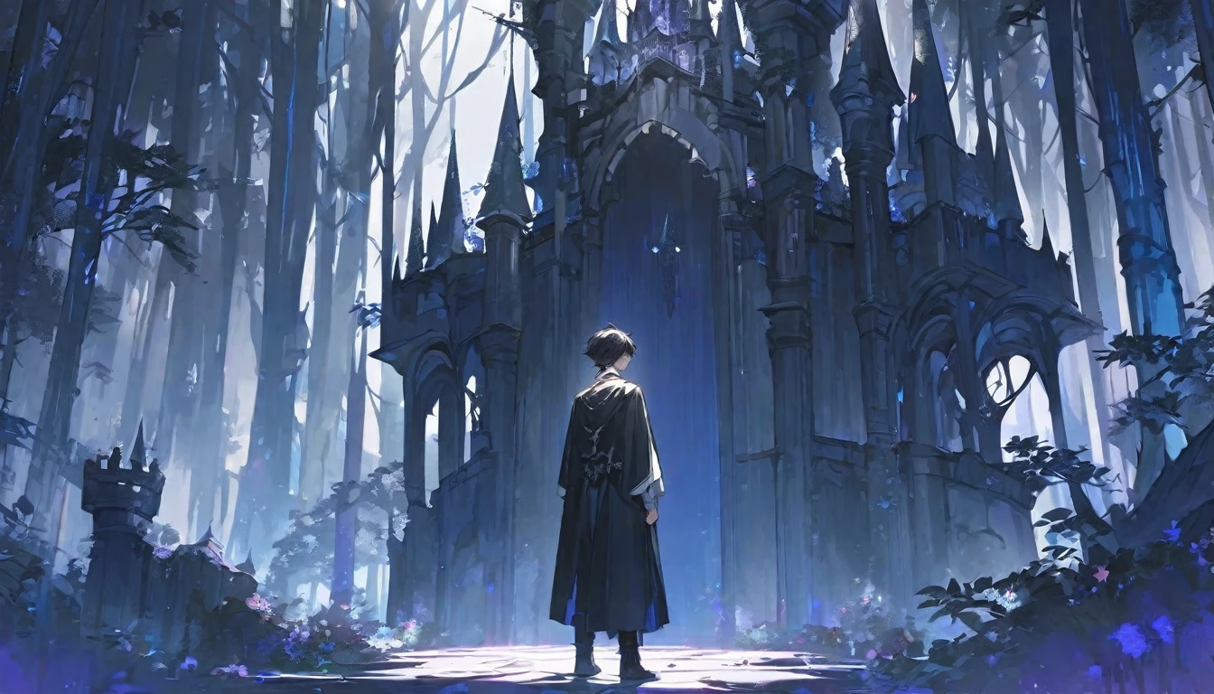 alone, A delicately drawn beautiful man, 1 male, whole body、short hair, Black Hair, black eye, White shirt, Black jacket, Black Cape,, Dark Forest Castle
