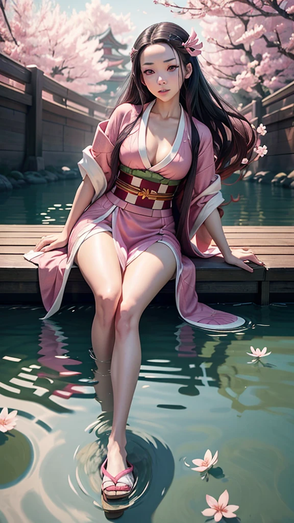 a beautiful female character with a graceful face, wearing a plain colored kimono, named "NEZUKO" in the story "demon slayer" with pink eyes, flip-flops, with a mouth that is biting a large piece of bamboo, is sitting on the surface of the water, with realistic effects of flying cherry blossoms.