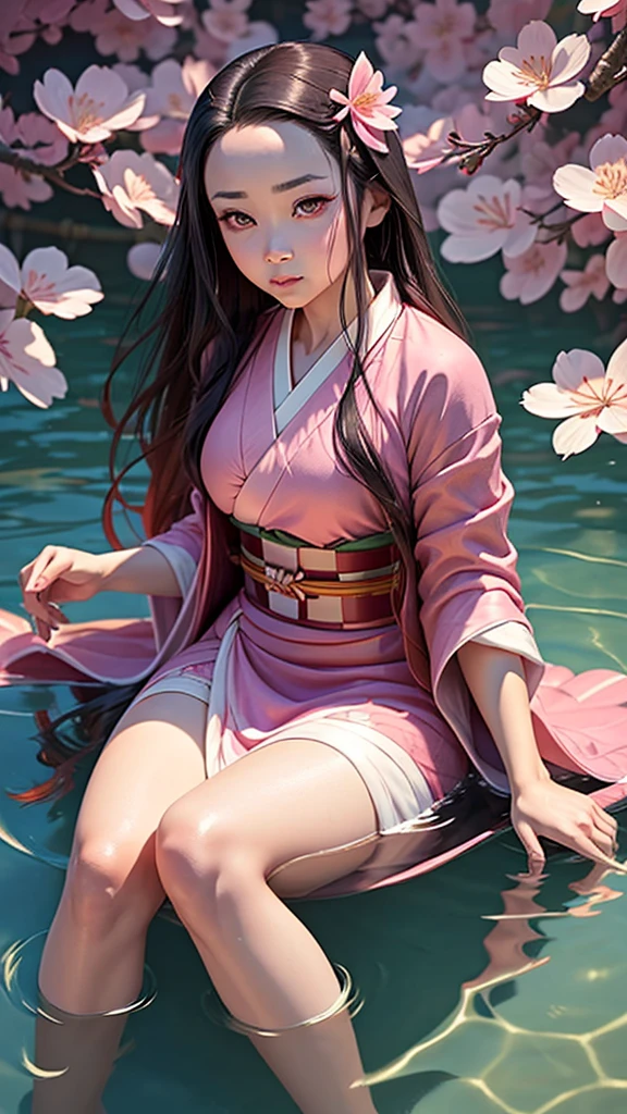a beautiful female character with a graceful face, wearing a plain colored kimono, named "NEZUKO" in the story "demon slayer" with pink eyes, flip-flops, with a mouth that is biting a large piece of bamboo, is sitting on the surface of the water, with realistic effects of flying cherry blossoms.