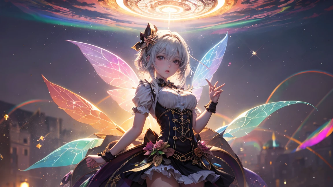Fine Art Master Class Splash Spray Trickle Dob Rainbow Opal Prisma Sakura Oil Color,Steampunk celestial ghostly fairy, High resolution, Ultra high definition, Centered, Bokeh, Lens flare, foggy dusk, bloom, light bloom, Cinema Lighting, High Dynamic Range, Depth of written boundary, Full pose