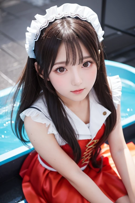 Idol group member girl, 17 years old。
Sitting with her knees up in a flowing costume。
Angle looking up from below。