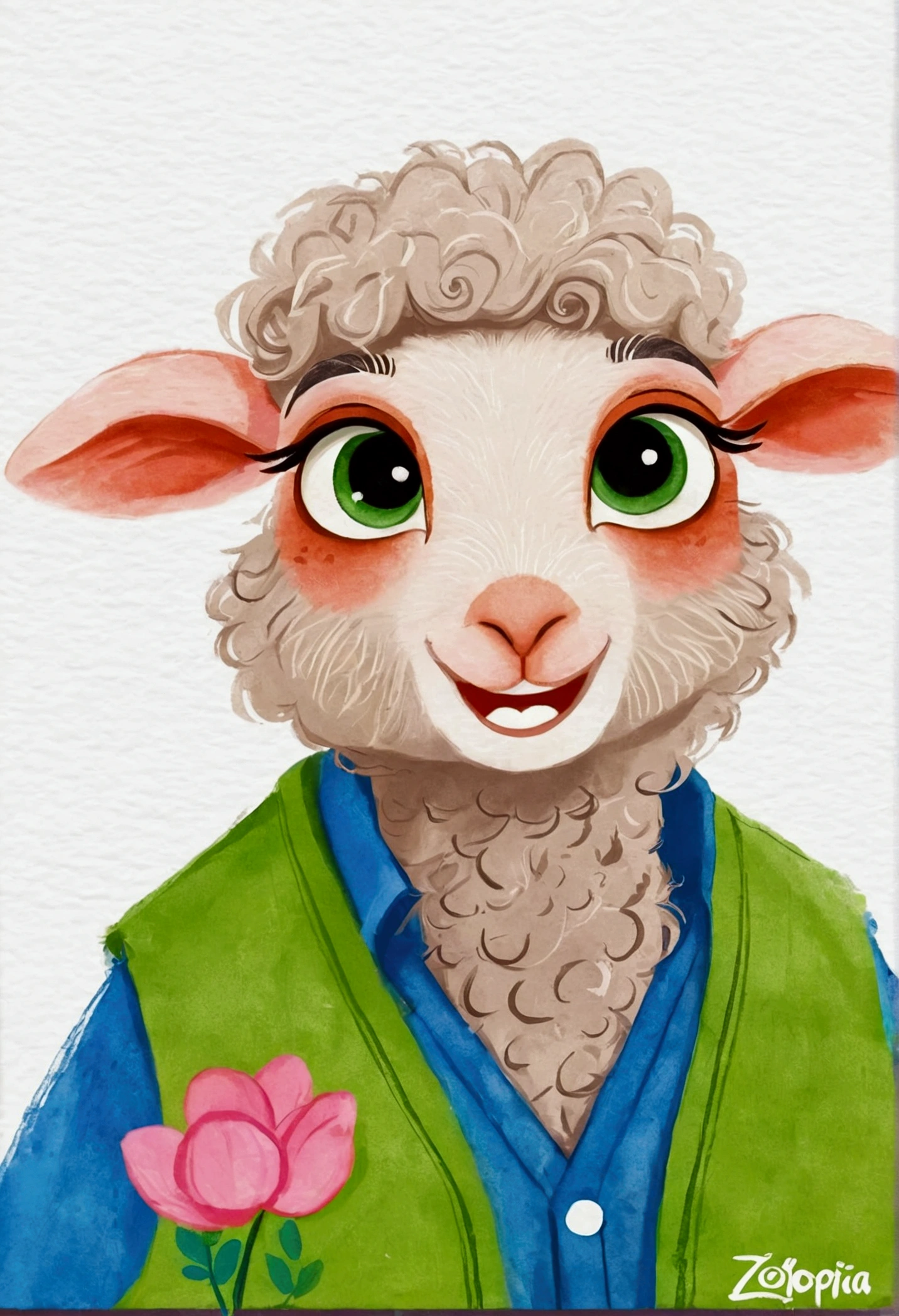 A painting。pastel artwork。Sheep cartoon character, in style of disney zootopia,Vibrant cartoon art, disney zootopia,Hand drawn cartoon art style, 