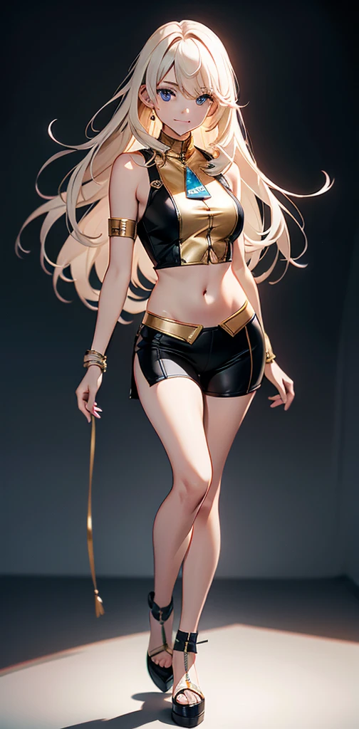 young girl, longue blonde hair, Hairpin with a bundle, turquoise eyes, red tight uniform, Sleeveless, Wide neckline on the chest to the abdomen, Gold Elements, Shorts, smirk, elegant shoes, Masterpiece, hiquality, 4k, HD, Good details fullbody view, full body overview.Keep your shoulders back and maintain a straight line from your head to your feet, symmetrical frontal view, face aligned,