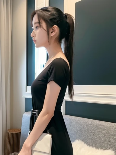 woman、Wearing a short-sleeved dress、G Cup、thin、whole body、ponytail