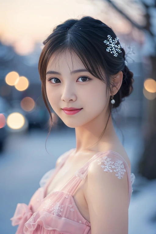 1 girl, (Wearing a pink dress:1.2), Beautiful Japanese actress,
(RAW photos, best quality), (Practical, Photorealism:1.4), masterpiece,
Very delicate and beautiful, Very detailed, 2k wallpapers, wonderful,
Finely, Very detailed CG Unity 8K 壁紙, Very detailed, high resolution,
Soft Light, Beautiful and delicate girl, Very detailed目と顔, Beautifully detailed nose, Beautiful and delicate eyes, light,
rest
(Snowy night city landscape as background 1.3), 城市的light, (Snowflakes flying:1.3),
Perfect anatomical structure, slim body, Smile, Completely front-facing, Look at the camera
