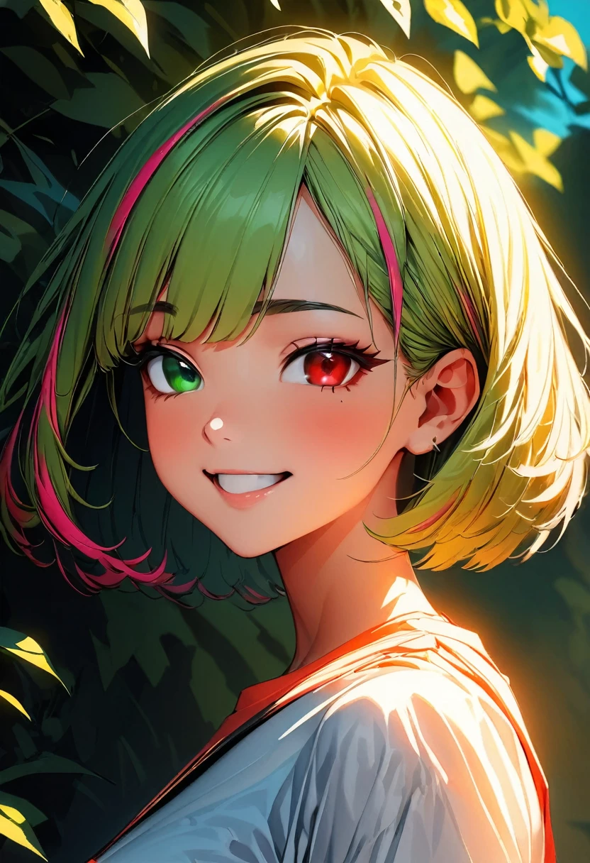 (highest quality:1.2, Very detailed, up to date, Vibrant, Ultra-high resolution, High Contrast, masterpiece:1.2, highest quality, Best aesthetics), Portraiture、girl、solo, (25-years-old:1.5), slim:0.7, heterrochromia, green eye, red eye, happy, (hiking in the summer green mountains:1), (summer trekking wear, trekking hat and hiking shoes:1.6), Bright colors、Beautiful fine details、Beautiful lip detail、extra short hair, ((bob cut:1.5))、pink and purple, ((streaked hair:1.9)), (highlights hair: 1.6), (medium breast:0.7), (tan skin:0.5), walking, (full body)