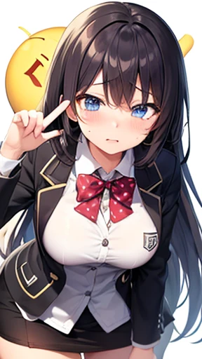 One Girl, ray1, alone, Emoji, Beautiful anime outline, Anime Pose, , Long sleeve, Check skirt, polka_DOT Jacket, Leaning forward, Point to your audience, cry, Sad expression, 6 different expressions, Emojiパック, Cowboy Shot, masterpiece, Highest quality, High resolution 、Large Breasts、Long black hair