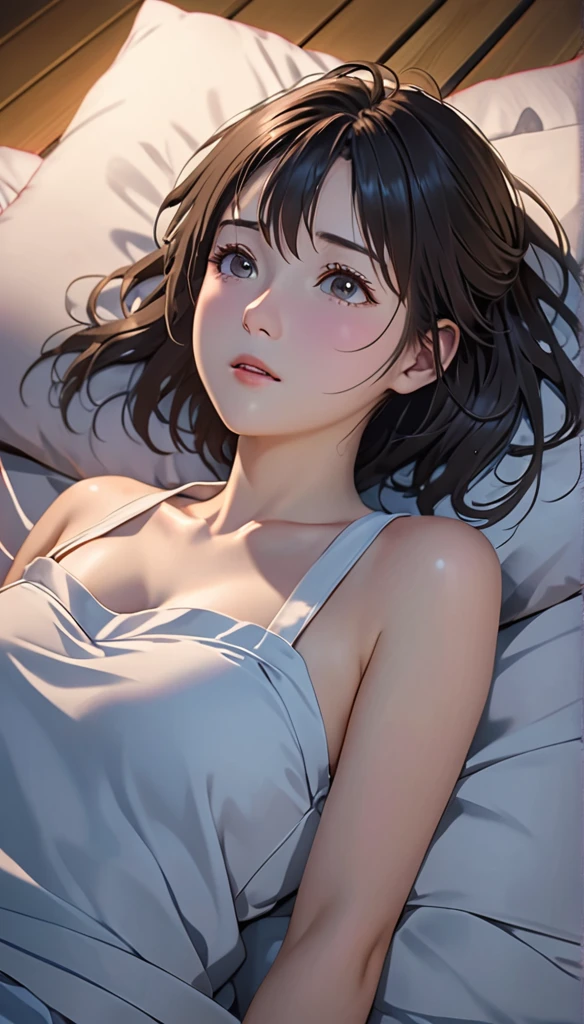 masterpiece, High resolution, figure, Kyoto Animation Style, Your Name Movie Style, night, mid-night, Light, (1girl:1.3), (alone:1.4), Long eyelashes, messy hair, medium hair, futon, Lying down, (covering chest by hand), (((in heat, aroused, wishful))), ideal ratio body proportions, sagging breasts, from above, looking up at viewer, {{{{vulgarity}}}}