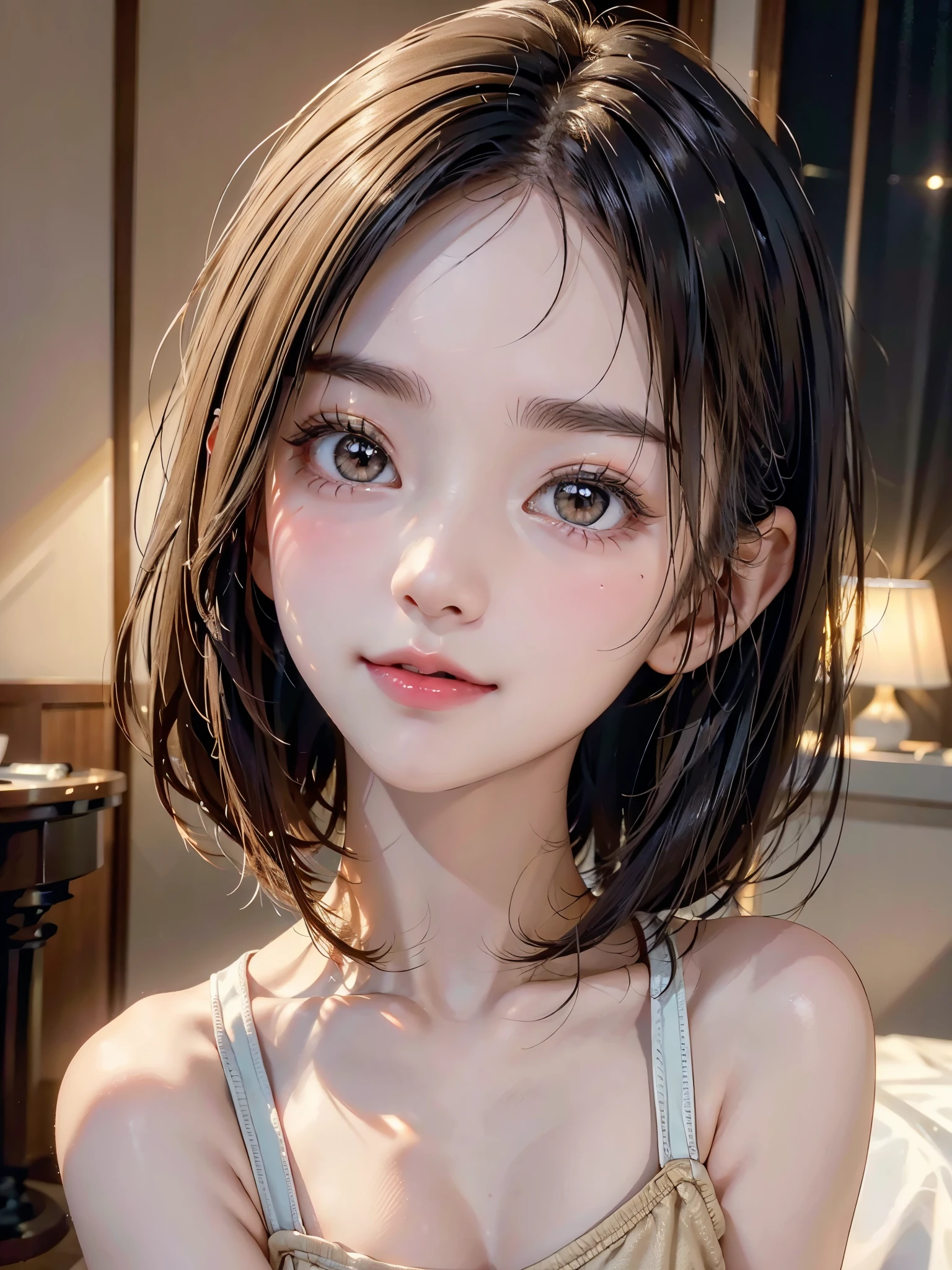 One Girl,(1人のとてもcute女の子:1.3),masterpiece,Highest quality,High resolution,From below,Low - Angle,Photorealistic,RAW Photos,Ray Tracing,Physically Based Rendering,beautiful girl,(15 years old:1.3),cute,Big eyes,(detailed pupils:1.2),(The face is facing straight ahead:1.3),Body facing forward,Beautiful nose,High nose,Upturned nose,Fuller lips,Short black hair,ponytail,short hair,Detailed eyelashes,Thin eyebrows,Very fine grain definition,(Symmetrical eyes,Golden Ratio:1.3),(Face close-up,Face Focus:1.0),Small breasts,Short neck,White swimsuit,White Bikini,The background is the sea,Southern Island,sunset,Sunset,Portrait,View Viewer,Upper Body,Cinema Lighting,High resolution,Very detailed
