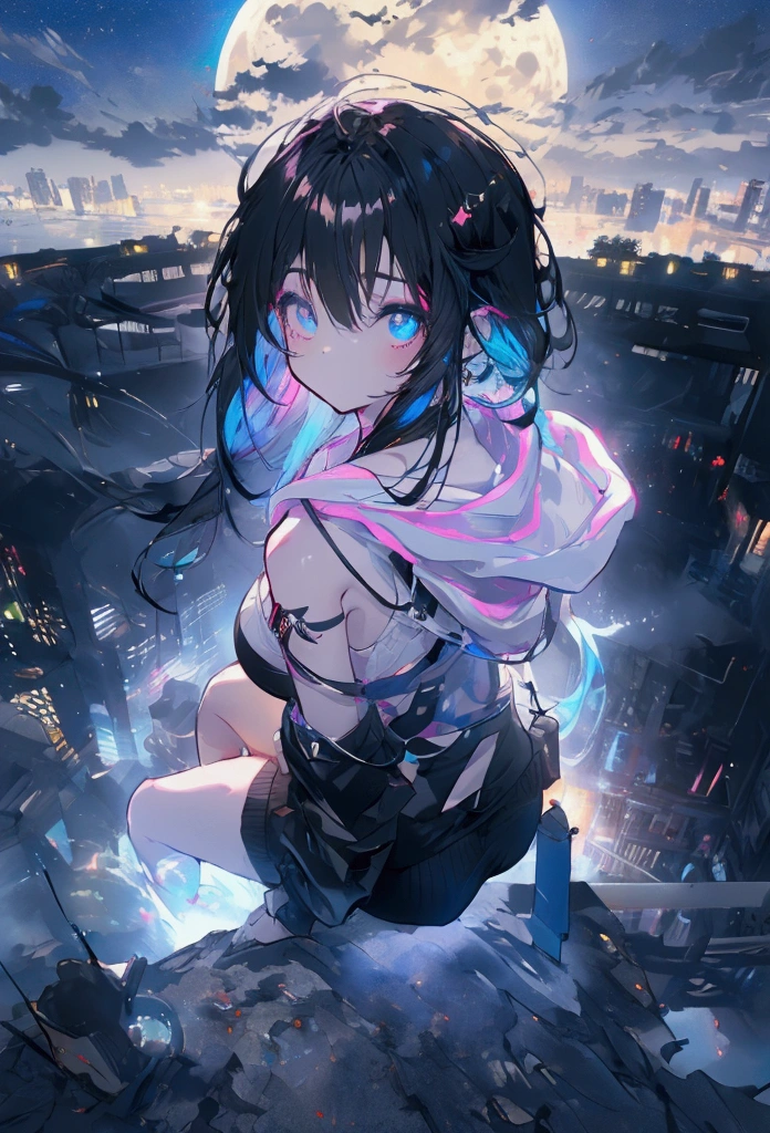Top View、Using a laptop、Beautiful Face、Beautiful legs、Black Hair、On the roof、full moon,neon.hoodie,Sitting、IT Engineer、Building district、modern times、Landscape