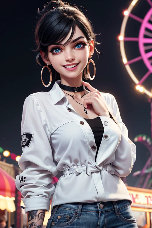 absurdrez, ultra details, high qualiy, Artwork, gorgeous eyes(detailedeyes), white blouse, Black jacke, jeans, short messy black hair, fully body, facial expression laughing, super lashes, fully body, standing, tatoo, scar on the face, amusement park background, hoop earings, eyes locked, sign with hand saying goodbye
