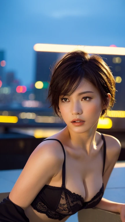 1 woman with short stylish hair, detailed beautiful face, seductive lingerie set, urban streetwear influences, city skyline background, neon lights, dramatic lighting, high fashion, ultra-detailed, (best quality,4k,8k,highres,masterpiece:1.2),ultra-detailed,(realistic,photorealistic,photo-realistic:1.37),cinematic lighting,moody atmosphere,fashion photography,dramatic pose,sharp focus,vivid colors