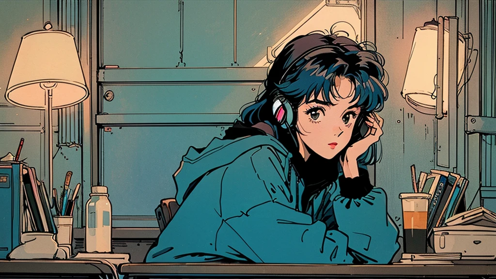 80s anime style: Wide shot of cute 21-year-old girl with long blue hair in dimly lit bedroom at night. Sitting at desk with books, wearing headphones and loose parka. Coffee, relax. Kind face looking at viewer. Full body visible in relaxed pose. Room lit by desk lamp. Large window shows vibrant Tokyo night cityscape with neon lights. High-quality illustration emphasizing contrast between dark room and bright city lights.