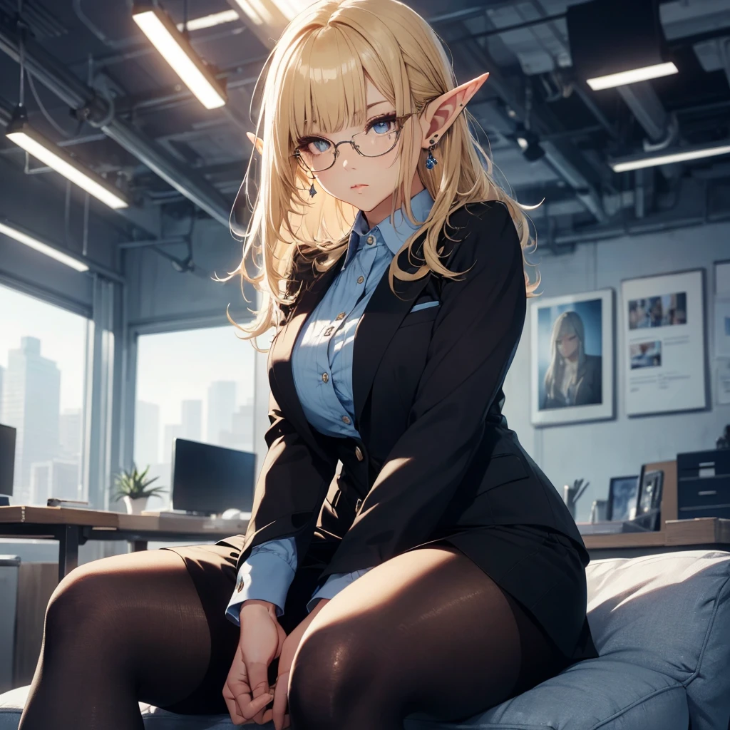 realistic,masterpiece,best quality,ultra detailed,high quality,high res,high saturation,depth of field,high res,luster,glitter,4K,8K,dynamic lighting,backlighting,high detailed background,(in office room ),high detailed face,high detailed hair,beautiful face,beautiful hands fingers,(mature female solo,pointy ears elf,office lady,sitting on couch,spread legs,(suits jacket,collared shirt,tight-skirt,shiny pantyhose,high-heels,panties),curvy,shiny blonde,fluffy hair,blunt bangs,(shy sulking pout),huge breasts,busty,skindentation,jewelry-necklaces,jewelry-earrings),(rest chin on hand),glasses,sharp focus, (perfect hands), perfect light,add_detail:1