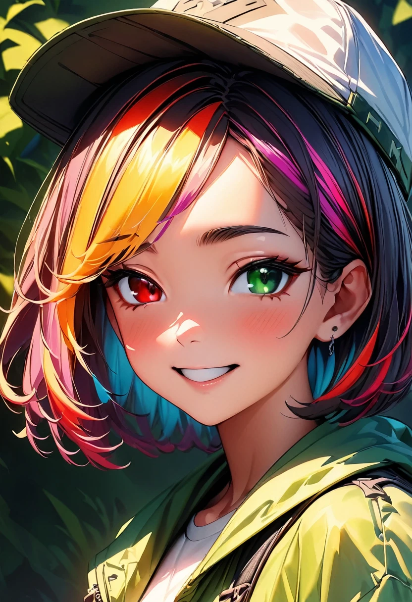 (highest quality:1.2, Very detailed, up to date, Vibrant, Ultra-high resolution, High Contrast, masterpiece:1.2, highest quality, Best aesthetics), Portraiture、girl、solo, (25-years-old:1.5), slim:0.7, heterrochromia, green eye, red eye, happy, (hiking in the summer green mountains:1), (summer trekking wear, trekking hat and hiking shoes:1.6), Bright colors、Beautiful fine details、Beautiful lip detail、extra short hair, ((bob cut:1.5))、pink and purple, ((streaked hair:1.9)), (highlights hair: 1.6), (medium breast:0.7), (tan skin:0.5), walking, (full body:1.5)
