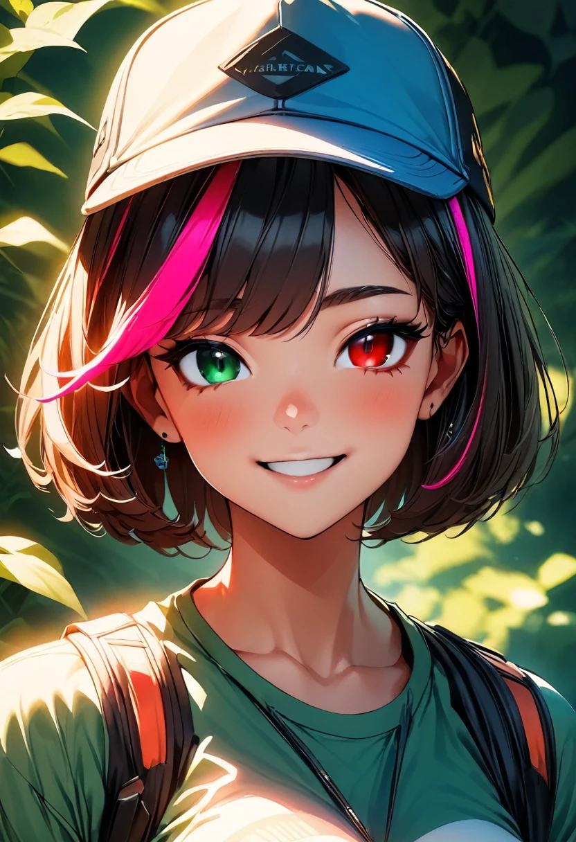 (highest quality:1.2, Very detailed, up to date, Vibrant, Ultra-high resolution, High Contrast, masterpiece:1.2, highest quality, Best aesthetics), Portraiture、girl、solo, (25-years-old:1.5), slim:0.7, heterrochromia, green eye, red eye, happy, (hiking in the summer green mountains:1), (summer trekking wear, trekking hat and hiking shoes:1.6), Bright colors、Beautiful fine details、Beautiful lip detail、extra short hair, ((bob cut:1.5))、pink and purple, ((streaked hair:1.9)), (highlights hair: 1.6), (medium breast:0.7), (tan skin:0.5), walking, (full body:1.5)