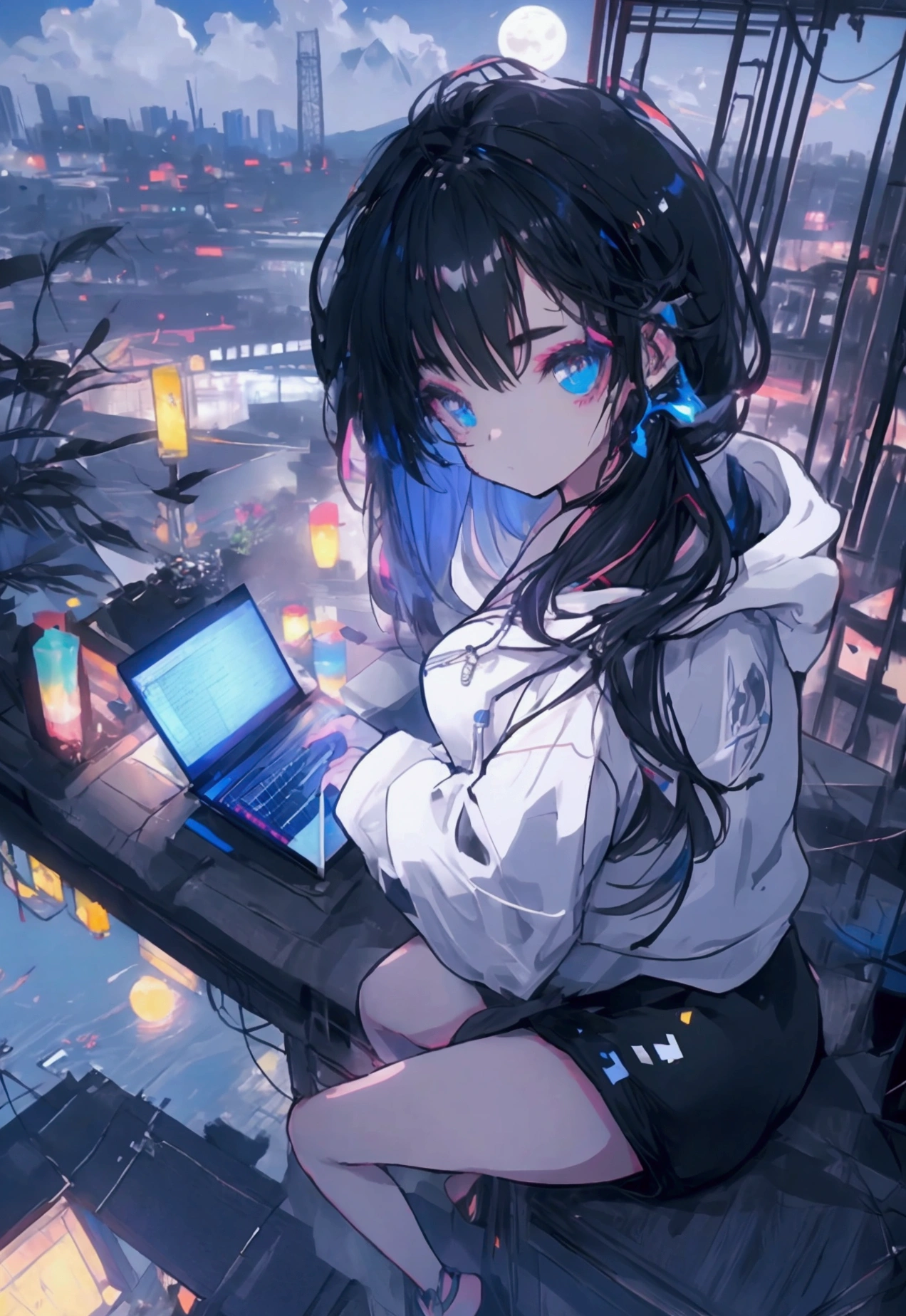 (pc),Top View、Using a laptop、Beautiful Face、Beautiful legs、Black Hair、On the roof、full moon,neon.hoodie,Sitting、IT Engineer、Building district、modern times、Landscape