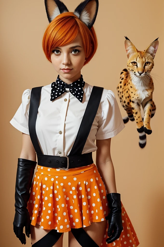 A girl with short orange hair . It has ears and the tail of a Serval. She wears a white blouse and an orange skirt with black polka dots.. The girl has gloves and boots with the colors of a Serval (white with an orange gradient and black spots)