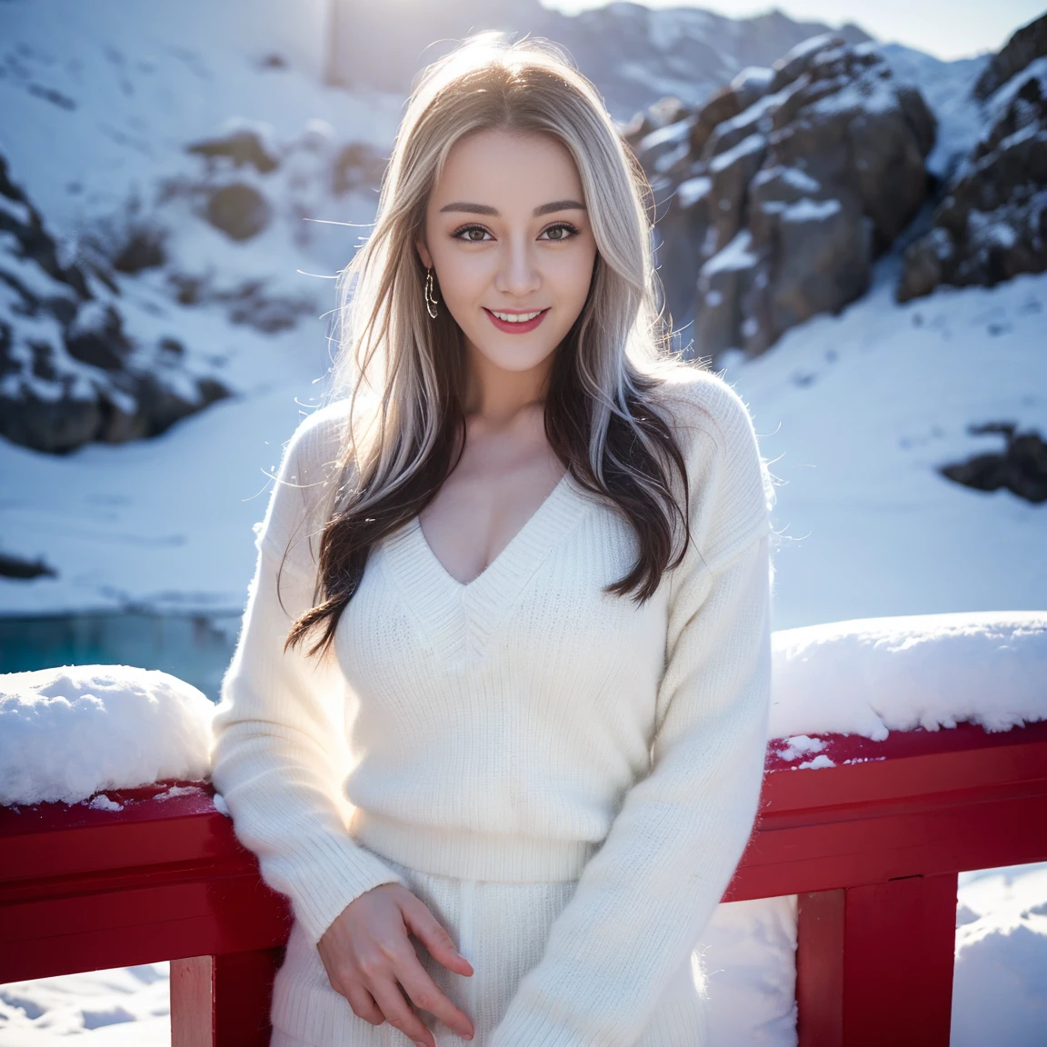 ((top quality、8k、Masterpiece:1.3))、Extremely delicate and beautiful girl,full-body shot,huge breasts,bigger breasts,amazing breast size,G cup,Half of the breasts are exposed。Wear big earrings,Very white skin,moist red lips,Waist is very thin,Thighs are very thin,big butt,fair and smooth skin,Smooth and fair skin,flawless skin,Fair and shiny skin,cold white skin,The camera focuses on the chest,Bright light,white sweater,Lower body exposed,white hair,White hair,heavy snow,snow mountain,sunset,lake,sweet smile,mouth slightly open