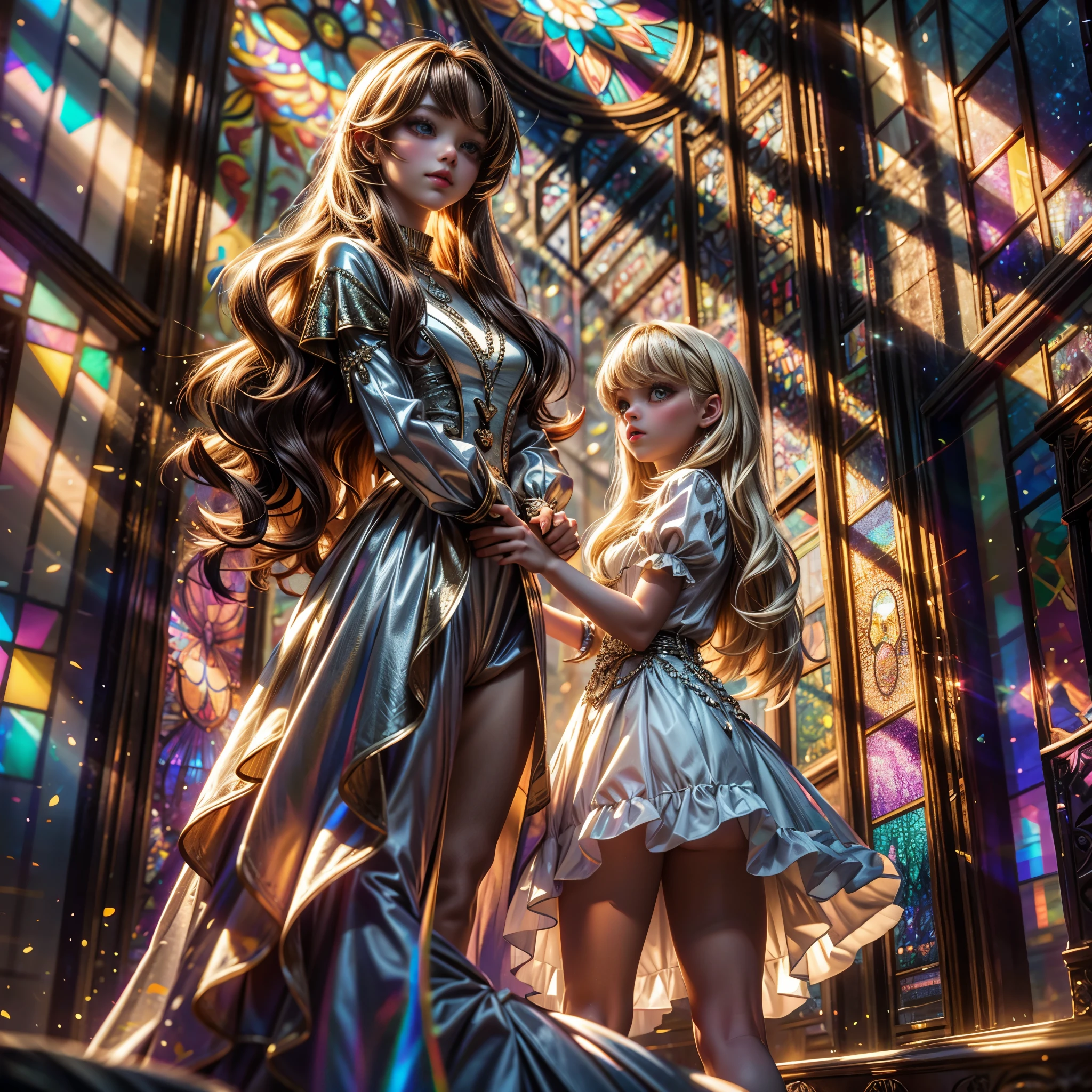 (Cathedral from below:1.28) (ZoomLayer) TopQuality 8K masterpiece of ((Professional photo)), (((Clarisse de Cagliostro))) (Detailed White WeddingDresses), Chain, (((Extremely detailed KAWAII face))) {((VeiledFace))|BlondeHair|(Elaborate BuleEyes)with(SparklingHighlights:1.28)}, The background is distant (((Elaborate stained glass))) Rainbow Glass, {(MysticSight)|EnchantingAtmosphere|Haze|(GodRays)|TyndallEffect}, Radiant PearlSkin with Transparency, (Exposed:0.39)