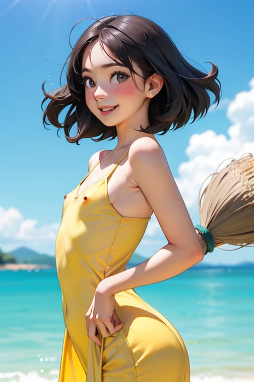 Highest quality, masterpiece, alone, 1 female、Year: 8 Year代、Small breasts、(Slim figure)、Transparent yellow dress、From the side、Poses that accentuate the chest、(White highlight in pupil:1.2)、Dark reddish brown eyes、(Grey Hair:1.2)、(Medium Hair)、(View your viewers:1.2)、White skin、(blush)、(smile)、(Happy expression)、Nipples、(Blur the background to make the woman stand out.:1.3)、(The sunlight shines in)、Half Backlight、(Beautiful sea in the background)、The wind is blowing、Small breasts、Wizard、broom、Flat Chest