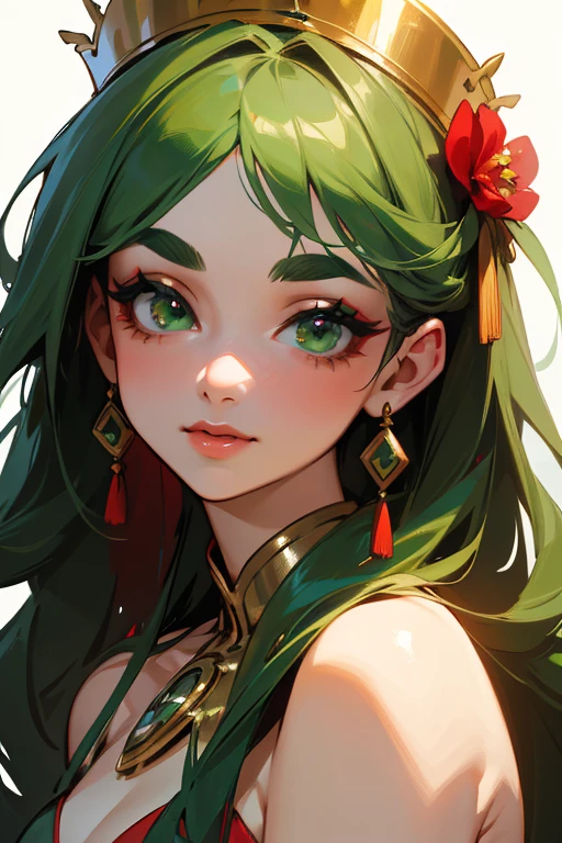 (Highest quality, masterpiece:1.2), High resolution, Very detailed, Realistic:1.37, Fantasy, An illustration, Green Eyes、Queen, Red and green swimsuit、Platinum decoration、beautifully、Eyeshadow Red、Thick eyebrows、Long eyelashes、pupils are black、Her hair is dark green、Gold crown、Kissing Face、Embarrassing、Beloved by the crowd、Hair is green、Braiding、(Fancy hair accessories)、Laugh gently、From the waist up、bikini、