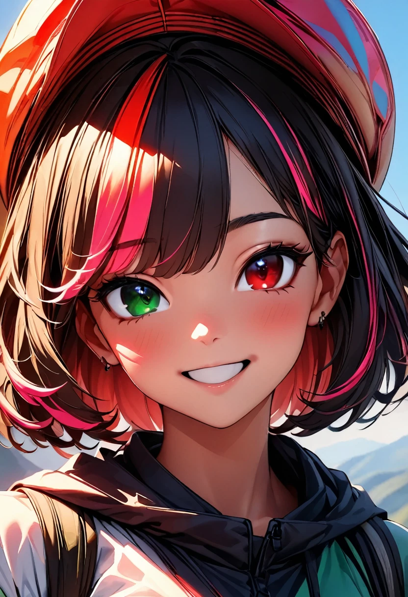 (highest quality:1.2, Very detailed, up to date, Vibrant, Ultra-high resolution, High Contrast, masterpiece:1.2, highest quality, Best aesthetics), Portraiture、girl、solo, (25-years-old:1.5), slim:0.7, heterrochromia, green eye, red eye, happy, (hiking in the summer green mountains:1), (summer trekking wear, trekking hat and hiking shoes:1.6), Bright colors、Beautiful fine details、Beautiful lip detail、extra short hair, ((bob cut:1.5))、pink and purple, ((streaked hair:1.9)), (highlights hair: 1.6), (medium breast:0.7), (tan skin:0.5), walking, (full body:1.8)