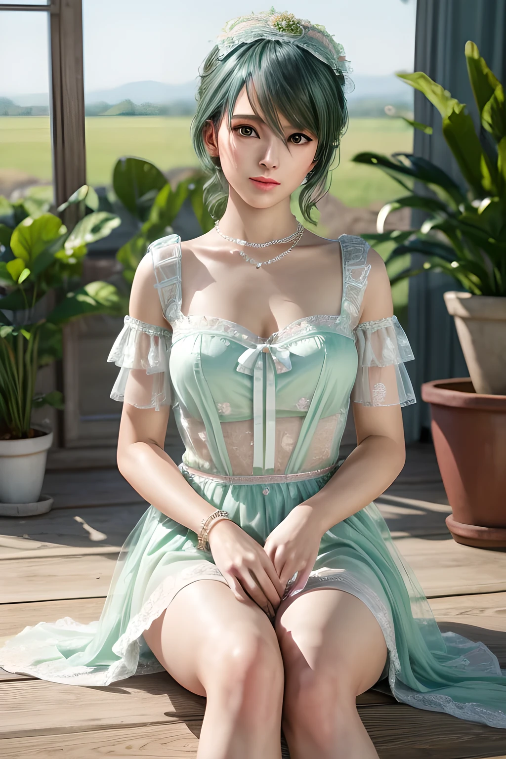 1girl,A female sits on a white floor with her legs crossed at one side. They wear a light green dress with sheer puff sleeves and a fitted bodice, tied with a light blue bow at the waist. The outfit exudes a feminine and sophisticated beauty, with a pearl necklace around her neck and flower accessories in her hair. The soft natural light creates a serene and elegant atmosphere, enhancing the overall composition. The background features floral elements and sheer curtains, adding an ethereal and springtime feel to the scene., (best quality,8k,highres,masterpiece:1.2),ultra-detailed,(realistic,photorealistic,photo-realistic:1.37),studio lighting,ultra-fine painting,sharp focus,physically-based rendering,extreme detail description,professional,vivid colors