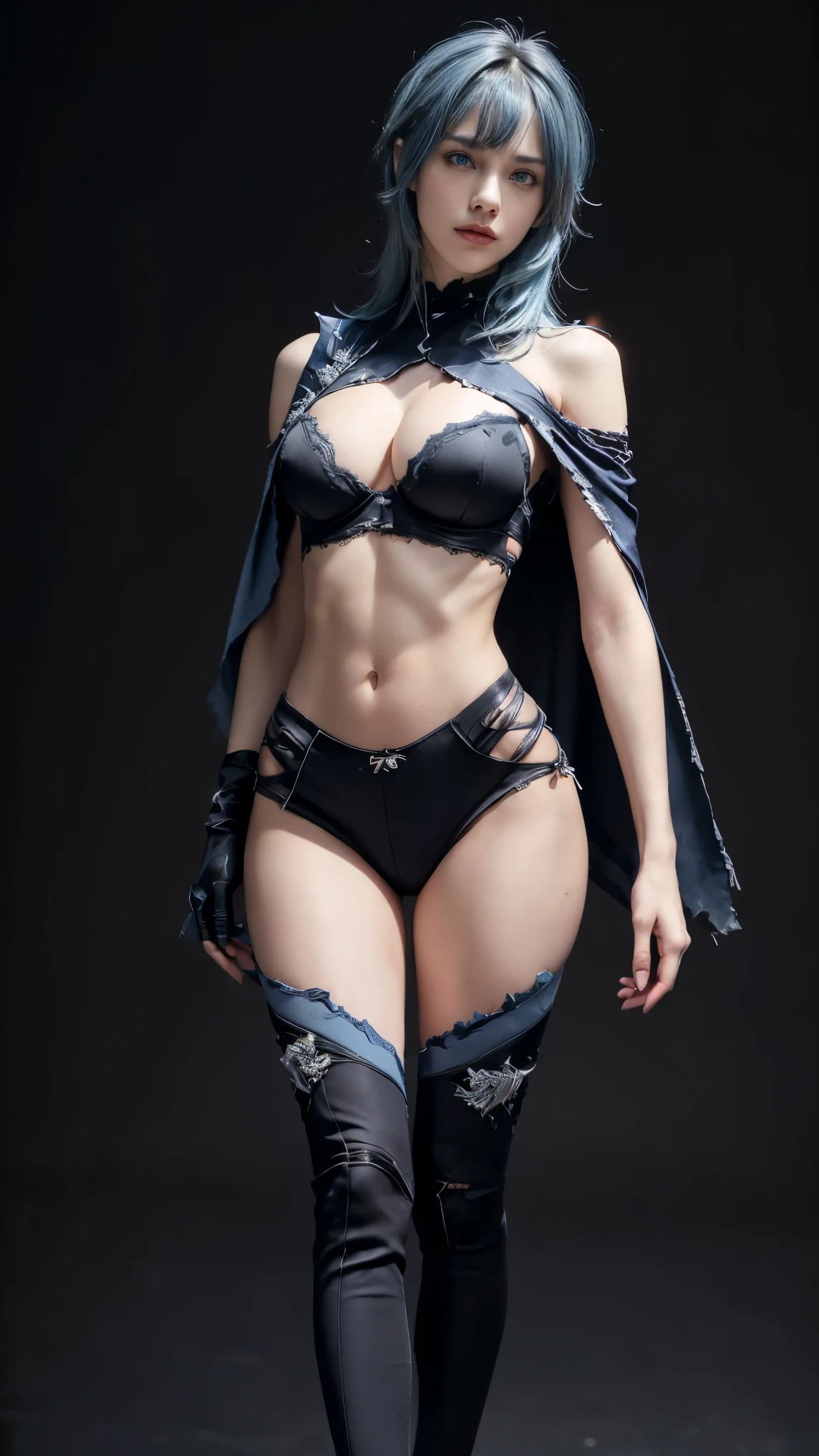 8K, Top Quality, Intricate Details, Ultra Detail, Ultra High Resolution, Masterpiece, close up shot, (full body: 1.1), (()), Slender, Smile, (Makeup: 0.4), ), (Fluffy Eyes: 1.21), (((( )))), 1girl, solo, 1 girl, ((blue hair, (long hair), (bangs), bangs,, , blue eyes, messy hair)), close up shot, , ((tall)), (((fit body))), (((slim face))), sharp face, ((,torn bra, torn cape, torn shoulder armor, torn glove, ),(torn thong ), (( ripped bra, ripped cape, ripped shoulder armor, ripped glove, ripped thong ,)), (detailed face), sharp face, small lips, (( walking pose, walk pose)), ,
((,)), , ((,)), detailed face, detailed breast, detailed breast, detailed nipple , ((large breast, huge breast)), detail ass, Narrow Waist, Skinny, slim tall , 195 cm tall, Muscular, Navel, Exposed Abdomen, Pointed Chest,, Beautiful girl with accentuated slender abs: 1.4, Six Pack Abs: 1.4, Bust Botox, Big, Perfect Body, detail leg, (( dark background)), black background,