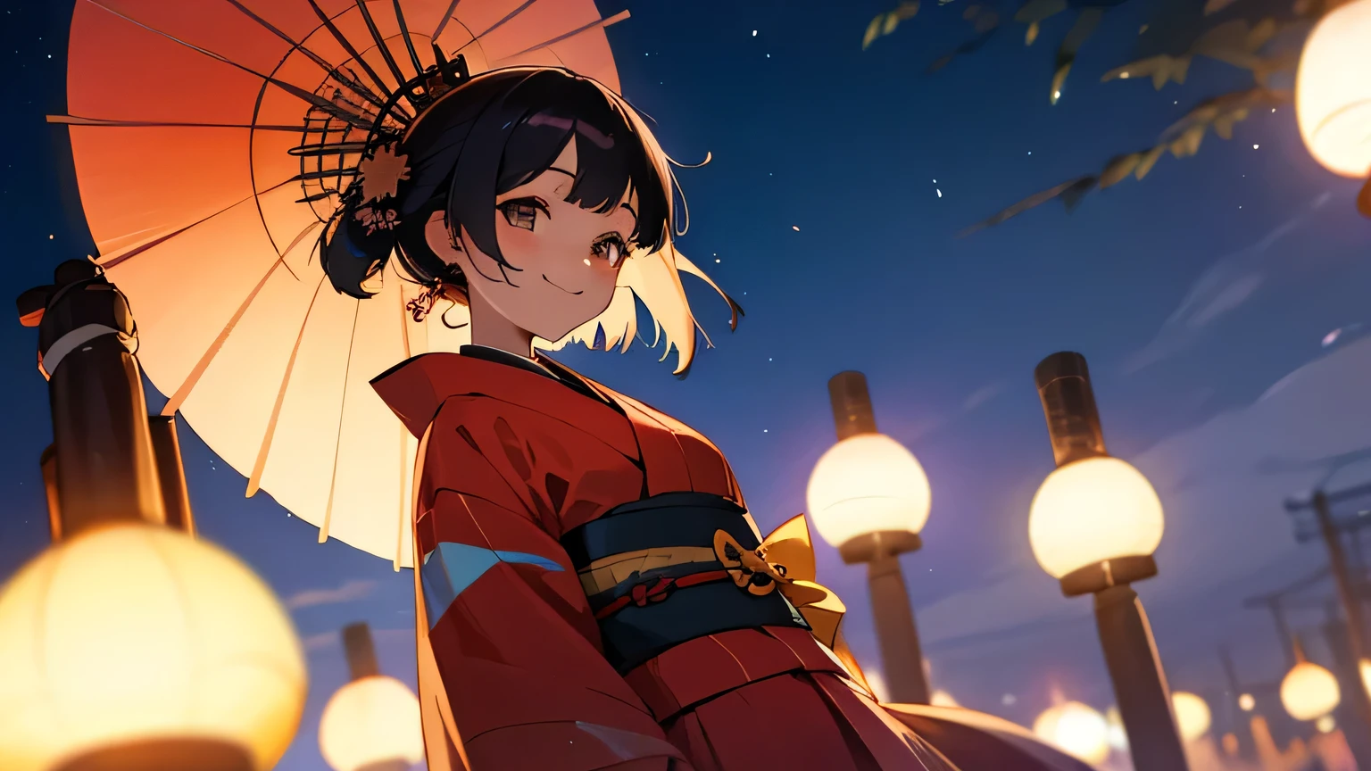 summer night, kimono, smile, Japanese Girl, star