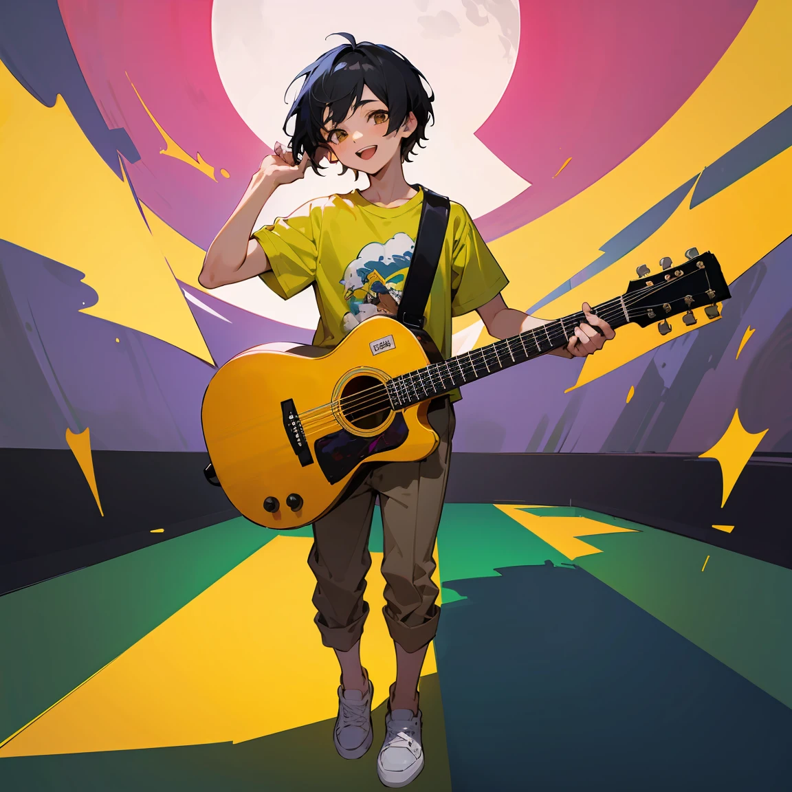 Highest quality、high resolution、An illustration、anime、boy、18-year-old、One person、whole body、boyish、smile、sing、Short Hair、Black Hair、Yellow T-shirt、Black chinos、White sneakers、Acoustic guitar、Look left、Spread your right arm