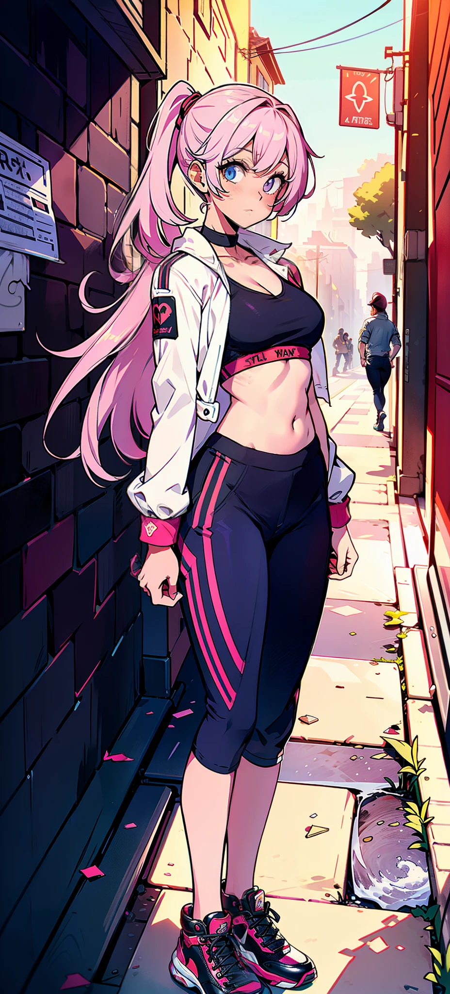 (masterpiece, best quality, 1girl, solo, intricate details, chromatic aberration), realistic, ((medium breath)),long hair, pink hair, red head ornament, pink highlights, hair over one eye,purple eyes, earrings, sharp eyes, choker, neon shirt, open jacket, crop top, (symmetry eyes),(perfect symmetrical body),against wall, brick wall, graffiti, dim lighting, alley ,look at viewer, woman at a gym, cute, front Pose, fitness girl, standing, erect Pose, symetrical, fitness model, skinny, Red sneakers, best qualityer, relaxed arms, hands down, ankle, fullbody view, stand straight with your back upright. Keep your shoulders back and maintain a straight line from your head to your feet, symmetrical frontal view, face aligned,