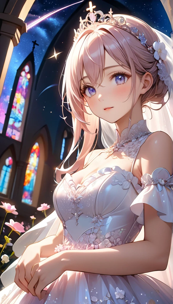Highest quality, Great quality, 16K, Unbelievably absurd, Very detailed, 2.5D, delicate and dynamic, church, Brightly colored stained glass, Small faint lights and flying fireflies, night, Starry Sky, milky way, nebula, shooting star, Flowers, Wind and Moon, Very delicate look, Delicate eye depiction, Upper body close-up, erotic, Only sexy women, Healthy body shape, 19-year-old female, bride, height: 155cm, big, Hard, Swaying bust, Colorful Tiaras, Long wedding dress with complex structure, pink long wedding dress, See-through long ruffle wedding dress, Long cape from head