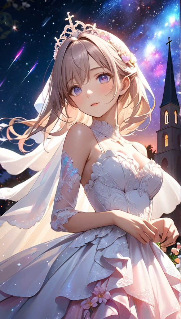 Highest quality, Great quality, 16K, Unbelievably absurd, Very detailed, 2.5D, delicate and dynamic, church, Brightly colored stained glass, Small faint lights and flying fireflies, night, Starry Sky, milky way, nebula, shooting star, Flowers, Wind and Moon, Very delicate look, Delicate eye depiction, Upper body close-up, erotic, Only sexy women, Healthy body shape, 19-year-old female, bride, height: 155cm, big, Hard, Swaying bust, Colorful Tiaras, Long wedding dress with complex structure, pink long wedding dress, See-through long ruffle wedding dress, Long cape from head
