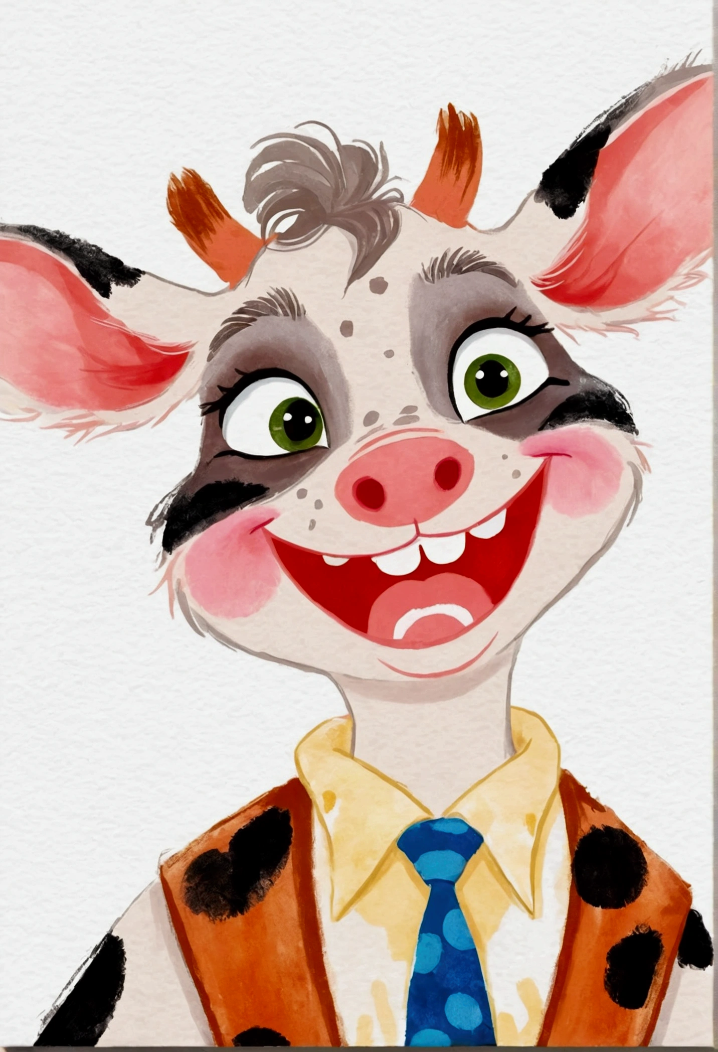 A painting。pastel artwork。Cow cartoon character, in style of disney zootopia,Vibrant cartoon art, disney zootopia,Hand drawn cartoon art style,