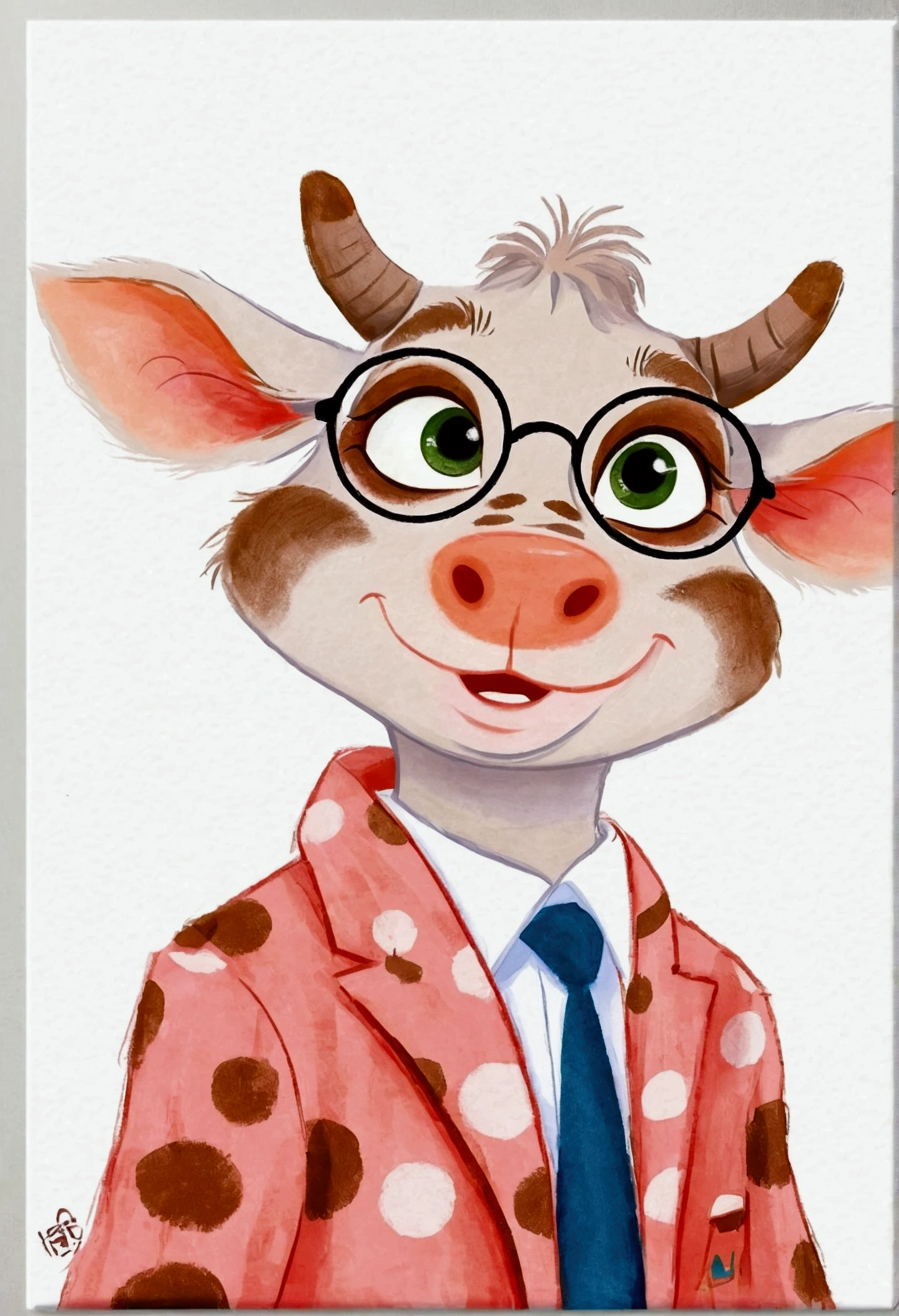 A painting。pastel artwork。Cow cartoon character, in style of disney zootopia,Vibrant cartoon art, disney zootopia,Hand drawn cartoon art style,