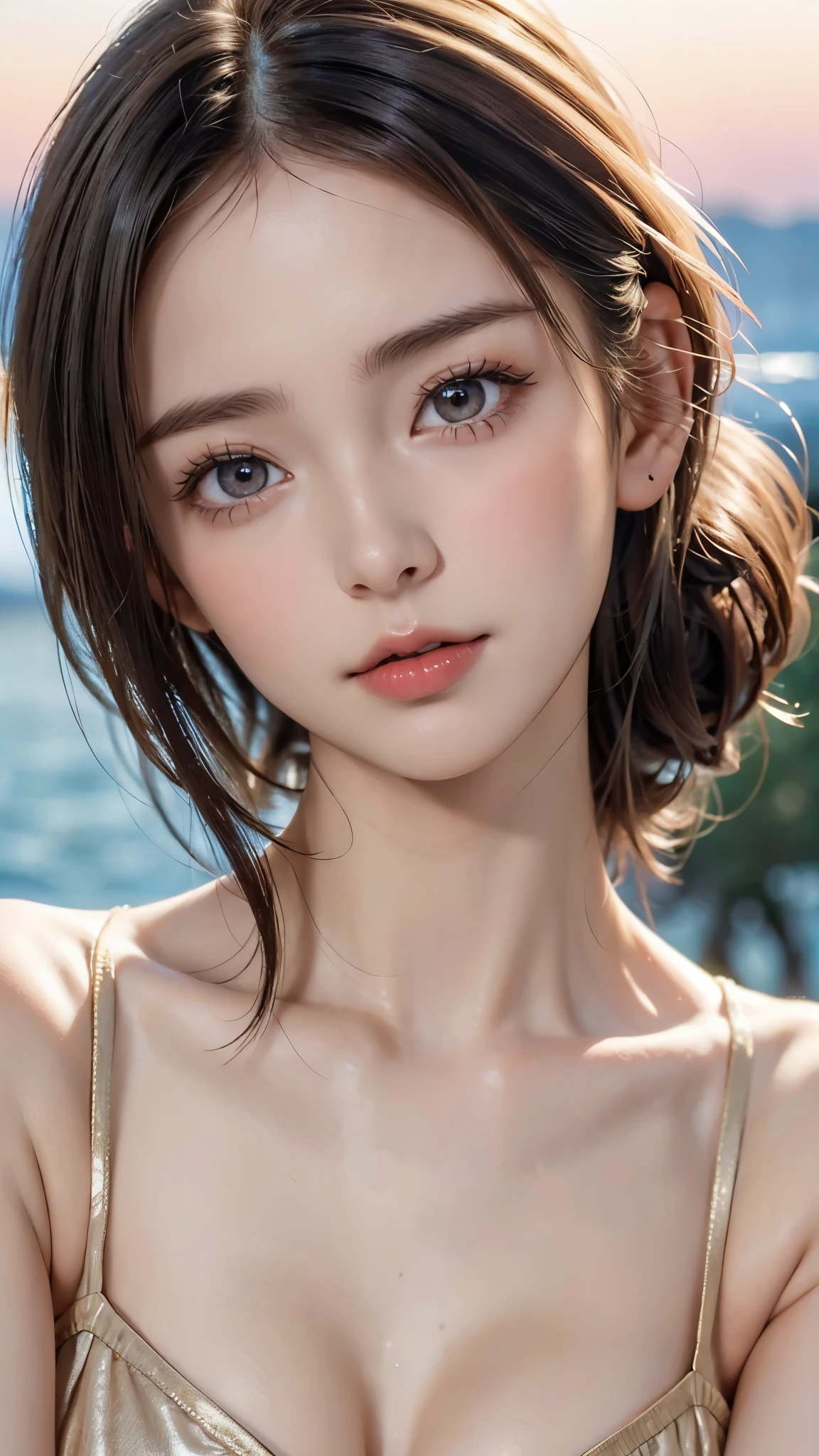 One Girl，(1人のとてもcute***:1.3)，masterpiece，Highest quality，High resolution，From below，Low - Angle，Photorealistic，RAW Photos，Ray Tracing，Physically Based Rendering，beautiful girl，(15 years old:1.3)，cute，Big eyes，(detailed pupils:1.2)，(The face is facing straight ahead:1.3)，Body facing forward，Beautiful nose，High nose，Upturned nose，Fuller lips，Short black hair，ponytail，short hair，Detailed eyelashes，Thin eyebrows，Very fine grain definition，(Symmetrical eyes，Golden Ratio:1.3)，(Face close-up，Face Focus:1.0)，Small breasts，Short neck，White swimsuit，White Bikini，The background is the sea，Southern Island，sunset，Sunset，Portrait，View Viewer，Upper Body，Cinema Lighting，High resolution，Very detailed