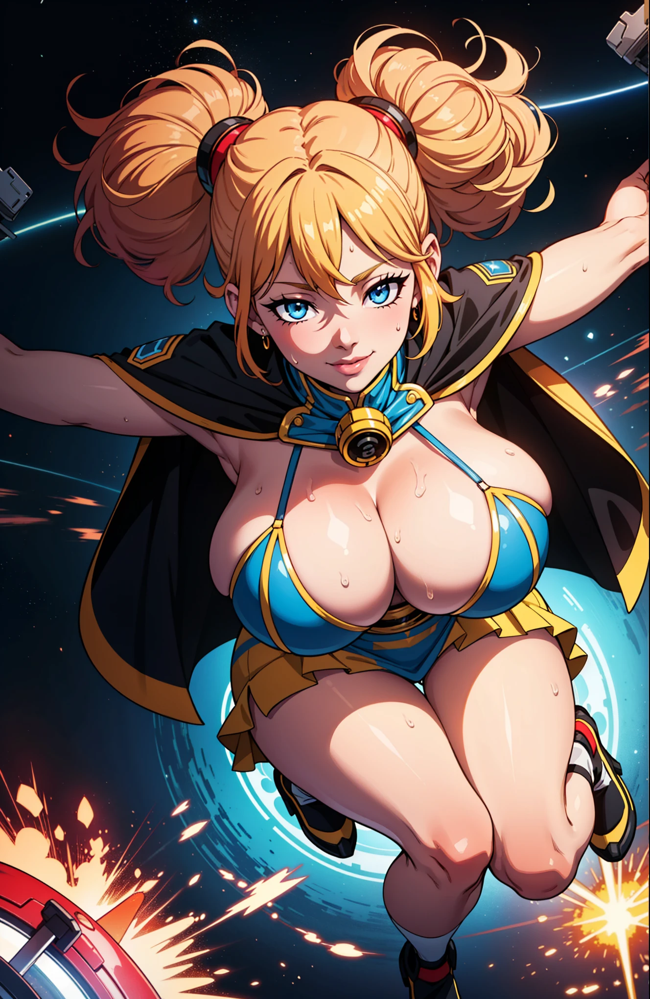 Digital painting of frying muscle girl, (red:1.0) mixed blue mixed white mixed yellow costume (mixed color costume:1.5), pose, fist up, ((from above)), 1knee up, Behance Contest Winner, Afrofuturism, Synthwave, neon, glowing neon, (((sagging massive breasts))), mini highschool skirt, cape, sweat, glossy silky skin, smile, cute face, in space, flash light, plasma spark, bomber,spinning, tornado spin, wind swirl, spinning like a tornado, sexy,