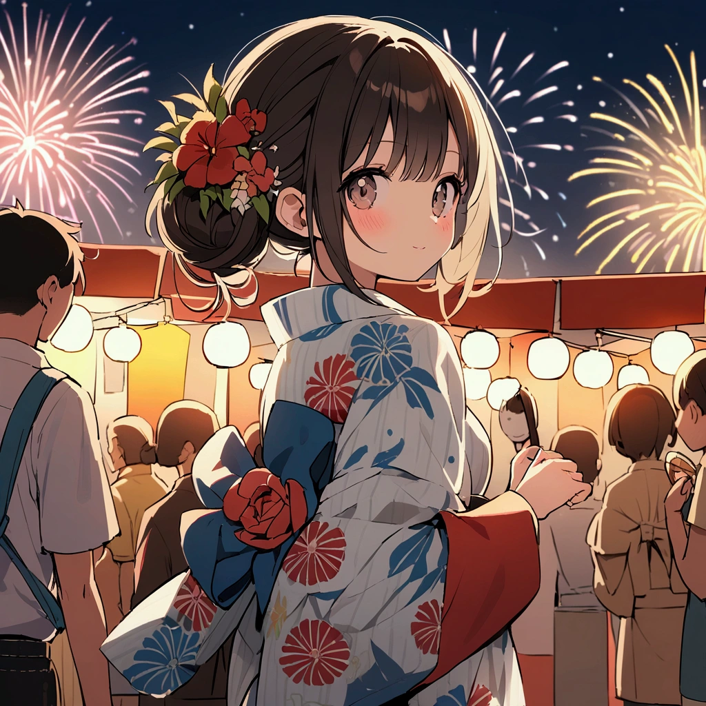 Yukata girl fireworks summer festival