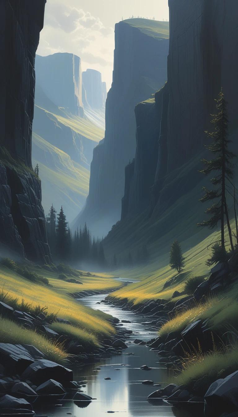 A highly detailed and hyper-realistic image by Alena Aenami, Archibald Thorburn, and Daniele Afferni, featuring a surreal valley vista. The valley is surrounded by towering cliffs and lush vegetation in the style of monochromatic silhouette reflection, with a limited dark palette including charcoal black, various grays, and white, accented by bright touches of gold and cobalt green. Atmospheric haze and highly dramatic cinematic lighting create a breathtaking and mysterious scene. Motion blur and film grain add a professional touch, while the composition captures the finest details, achieving the ultimate detail level. This results in a stunning masterpiece of the best quality. 