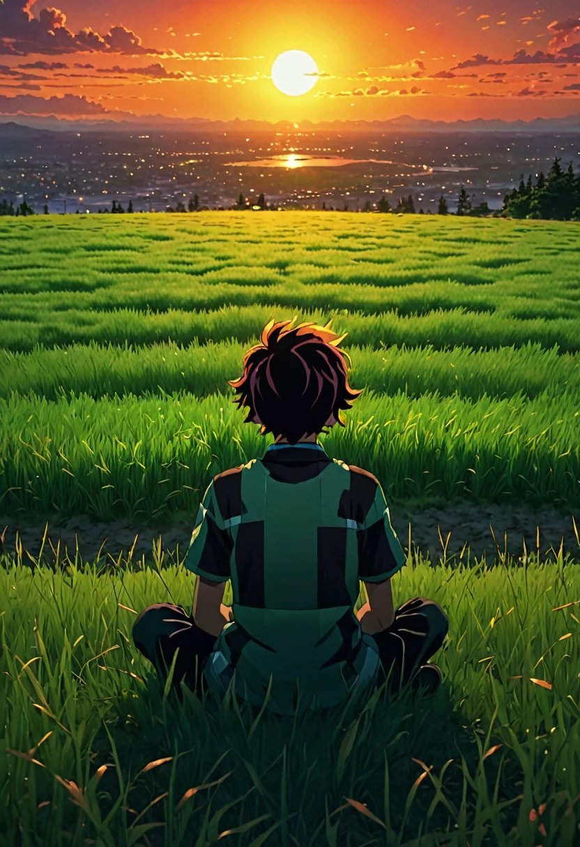 boy sitting on a field of grass, watching a hellish sunset, sun, anime wallpaper 4k, amazing miyazaki, thomas kinkade matte 4k, Aries Moross art. HD 8K
