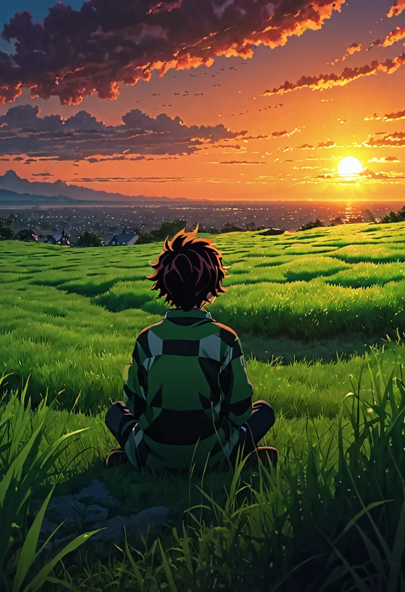 boy sitting on a field of grass, watching a hellish sunset, sun, anime wallpaper 4k, amazing miyazaki, thomas kinkade matte 4k, Aries Moross art. HD 8K