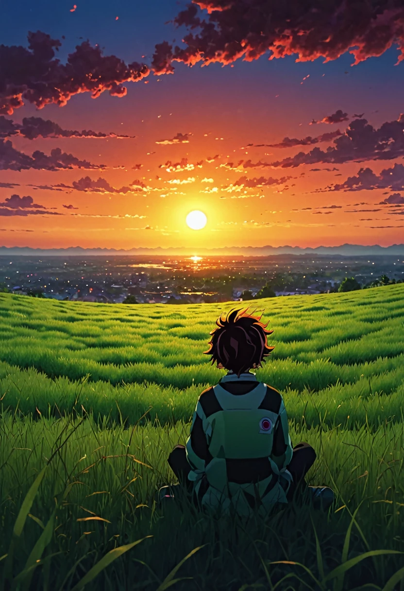 boy sitting on a field of grass, watching a hellish sunset, sun, anime wallpaper 4k, amazing miyazaki, thomas kinkade matte 4k, Aries Moross art. HD 8K