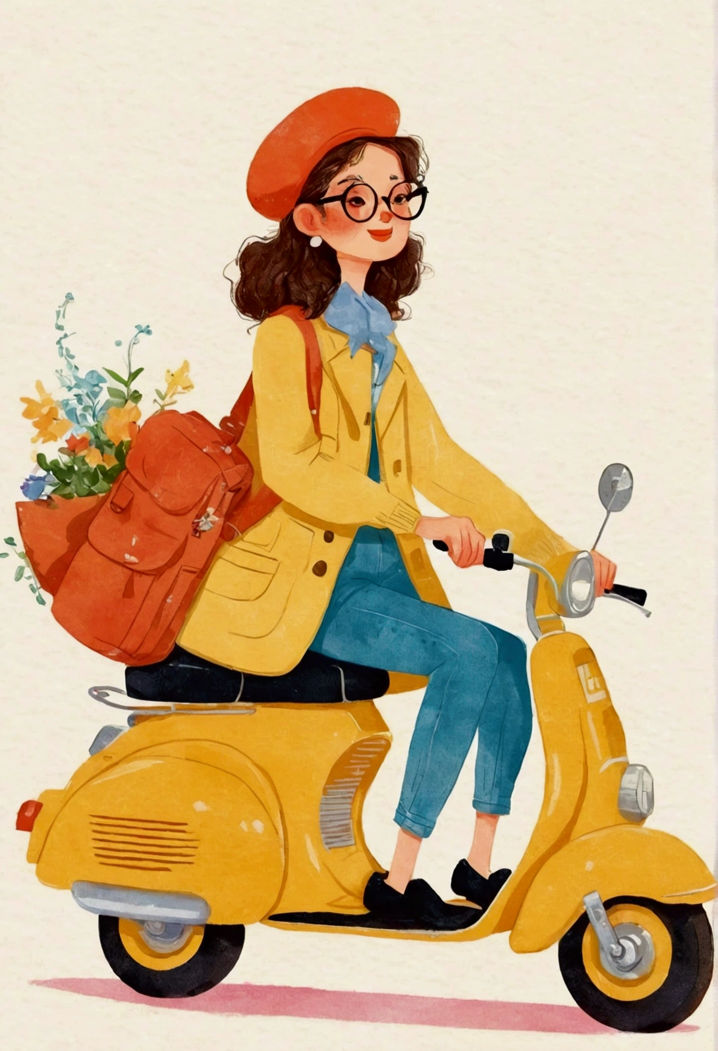 illustration of a woman riding a scooter with a bag on the back, illustration style, in style of digital illustration, by Kaya Forio, cute illustration, rich and colorfull illustration, rich and colorful illustration, Lo-Fi Girl, rich and colorful! role conception, illustration!, author：Benjo Obreshkov, flat illustration, #illustration, cartoon style illustration, illustration », retro illustration