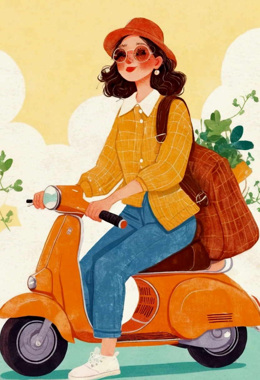 illustration of a woman riding a scooter with a bag on the back, illustration style, in style of digital illustration, by Kaya Forio, cute illustration, rich and colorfull illustration, rich and colorful illustration, Lo-Fi Girl, rich and colorful! role conception, illustration!, author：Benjo Obreshkov, flat illustration, #illustration, cartoon style illustration, illustration », retro illustration