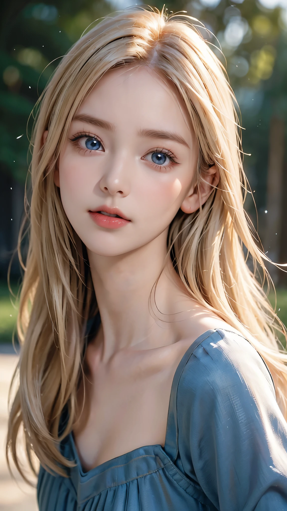 One Girl，(1人のとてもcute***:1.3)，masterpiece，Highest quality，High resolution，From below，Low - Angle，Photorealistic，RAW Photos，Ray Tracing，Physically Based Rendering，beautiful girl，(************:1.3)，cute，Big Blue Eyes，(detailed pupils:1.2)，(The face is facing straight ahead:1.3)，Body facing forward，Beautiful nose，Upturned nose，Fuller lips，Platinum Blonde Hair，Detailed eyelashes，Thin eyebrows，Very fine grain definition，(Symmetrical eyes，Golden Ratio:1.3)，(Face close-up，Face Focus:1.0)，Small breasts，Short neck，Light blue dress，White apron，forest，Alice in Wonderland，Spring sunlight，Soft Light，Portrait，View Viewer，Upper Body，Cinema Lighting，High resolution，Very detailed