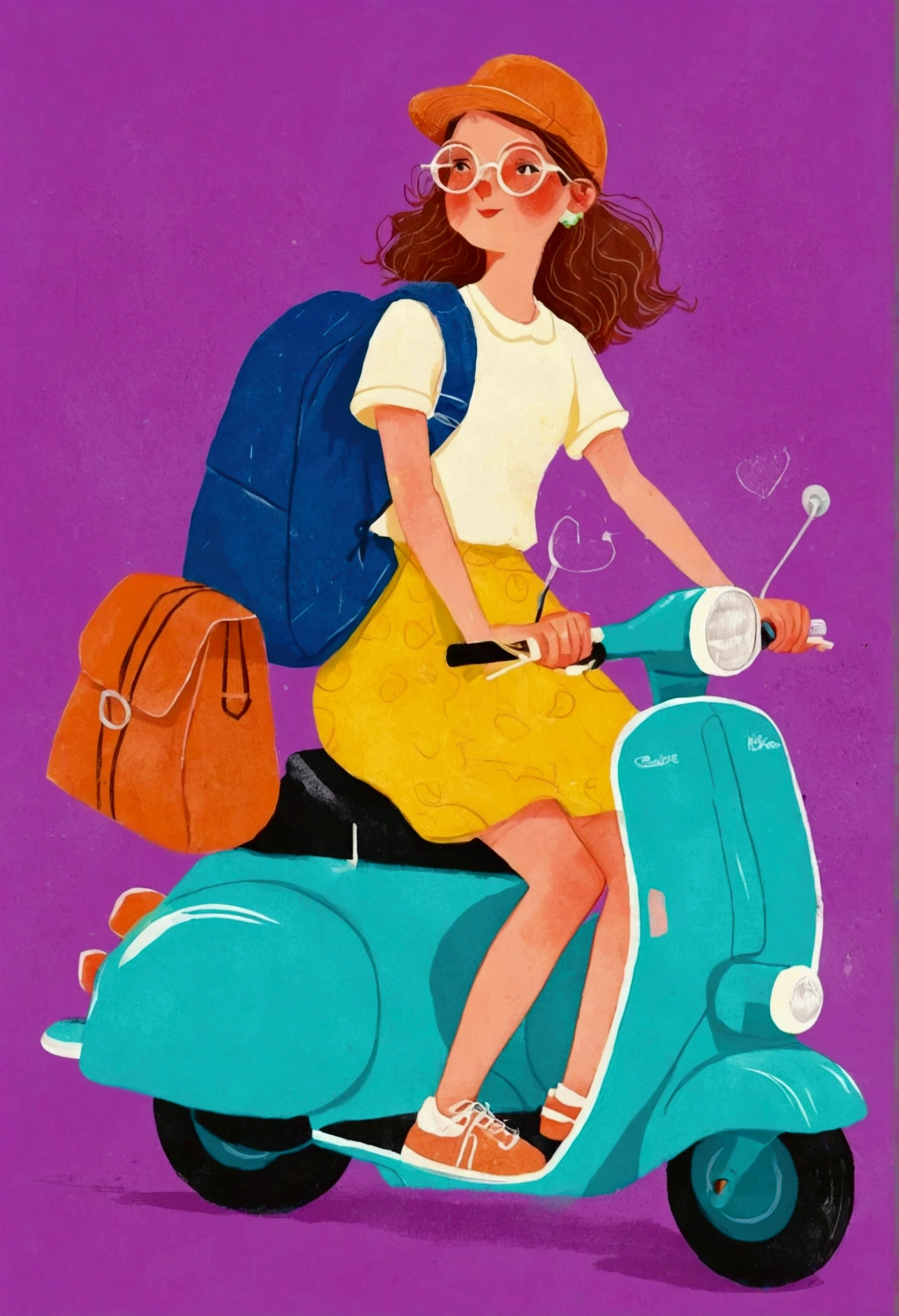illustration of a woman riding a scooter with a bag on the back, Vector art provided by Kaja Foglio, Trending on Behance, Happening, illustration style, in style of digital illustration, cute illustration, rich and colorfull illustration, rich and colorful illustration, Lo-Fi Girl, rich and colorful! role conception, illustration!, flat illustration, cartoon style illustration, illustration », #illustration