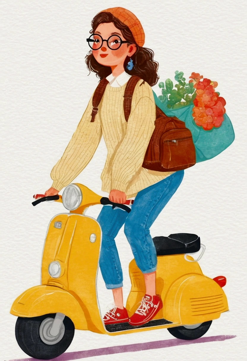 illustration of a woman riding a scooter with a bag on the back, Vector art provided by Kaja Foglio, Trending on Behance, Happening, illustration style, in style of digital illustration, cute illustration, rich and colorfull illustration, rich and colorful illustration, Lo-Fi Girl, rich and colorful! role conception, illustration!, flat illustration, cartoon style illustration, illustration », #illustration